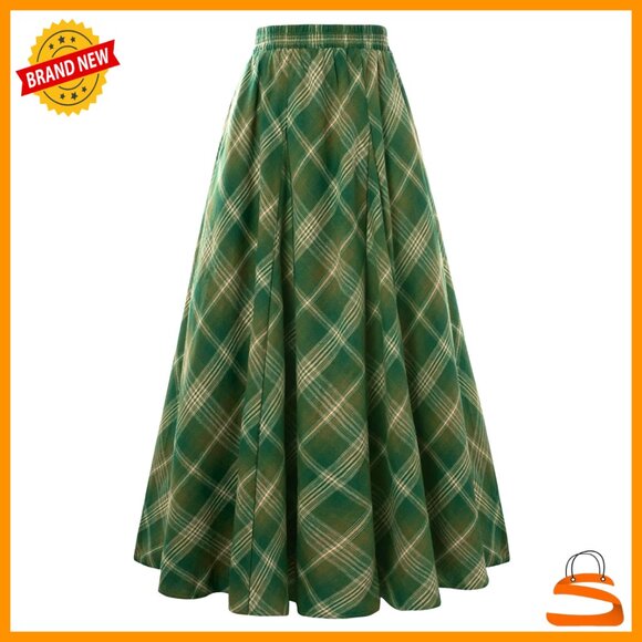 Dresses & Skirts - Long Plaid High Waist A-Line Pleated Maxi Skirt with Pockets